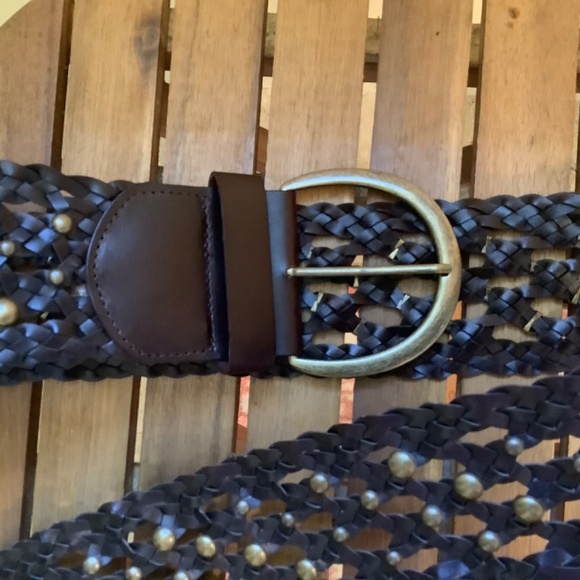 Another Line Inc Leather Wide Woven Braided Studded Belt Dark Brown SZ L - Picture 3 of 7